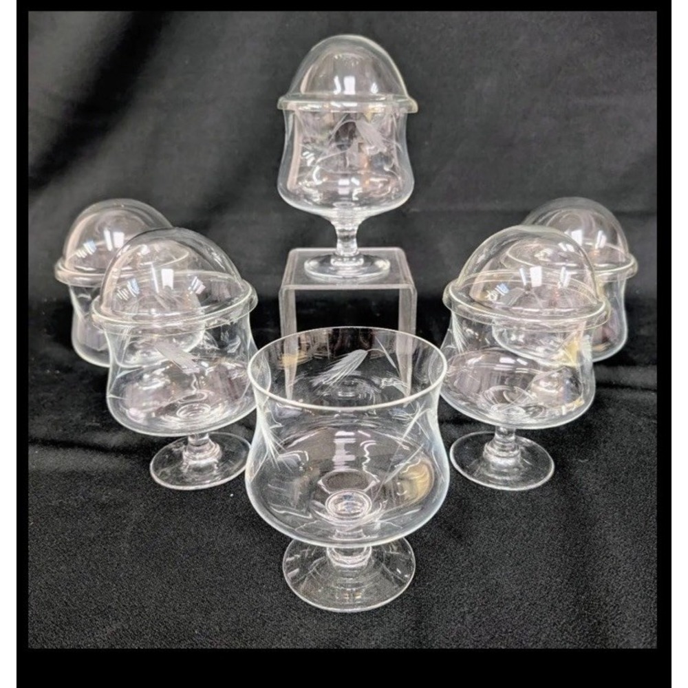 Vintage Seafood Shrimp Cocktail Glass & liners Etched Floral Footed set of 6